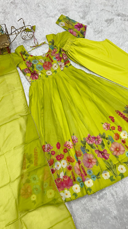 NEON COLOR FLORAL PRINT ORGANGA ANARKALI 3PC KURTA SET