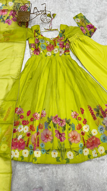 NEON COLOR FLORAL PRINT ORGANGA ANARKALI 3PC KURTA SET