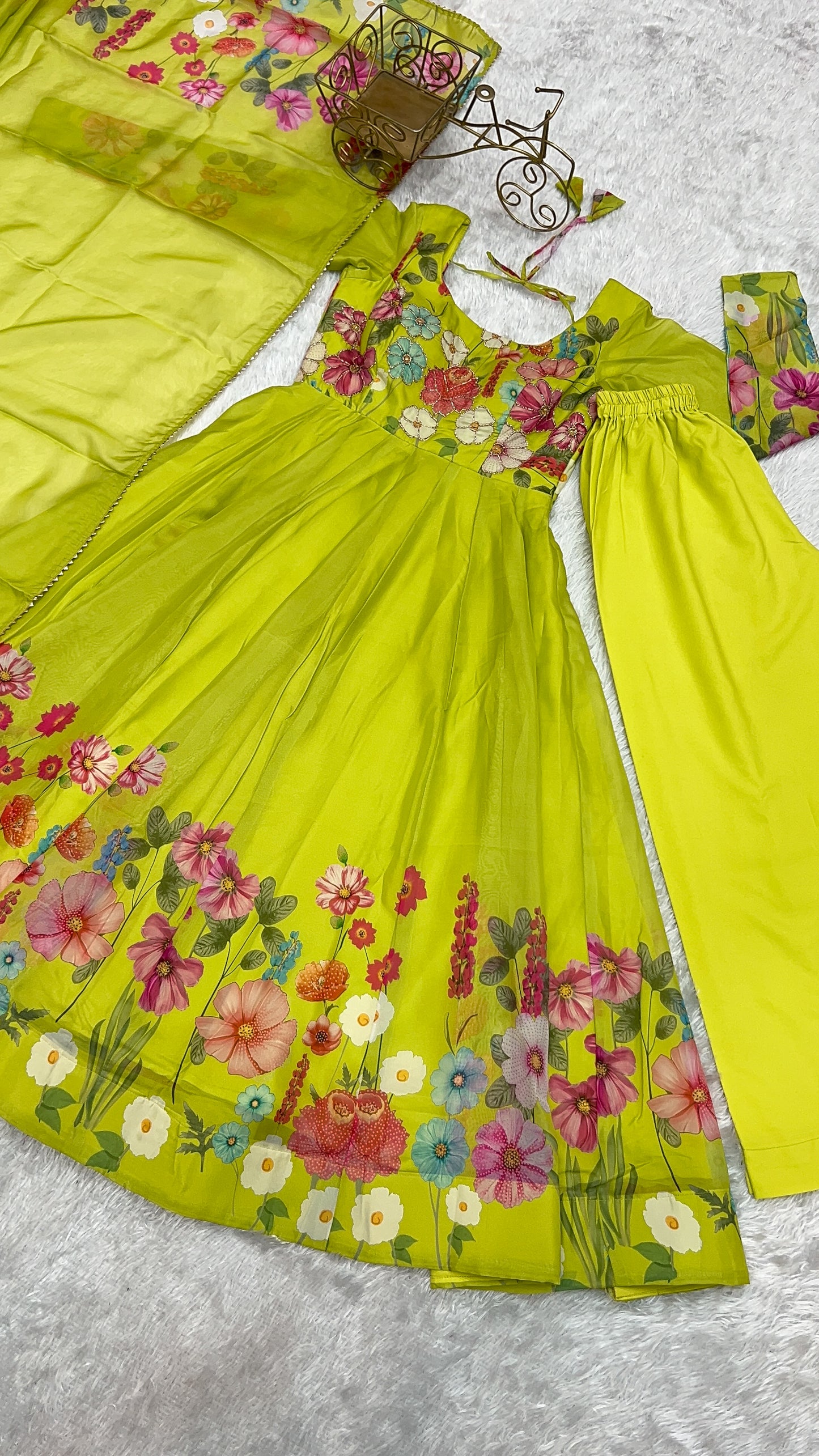 NEON COLOR FLORAL PRINT ORGANGA ANARKALI 3PC KURTA SET