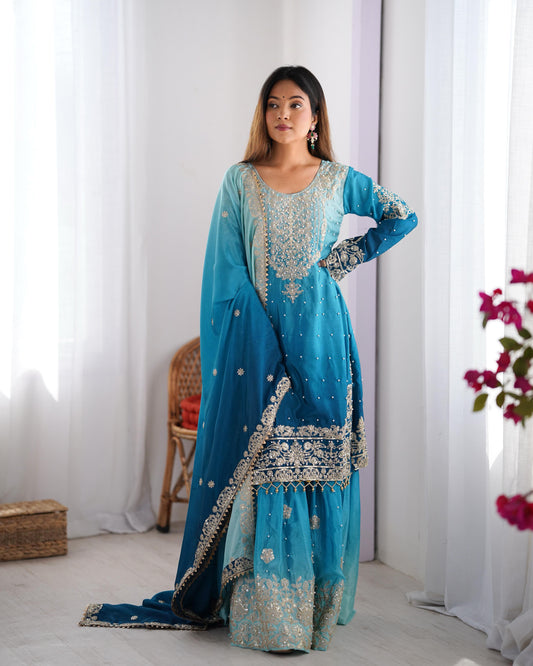 Chinon Silk Plazo Set with Rivet Moti Work