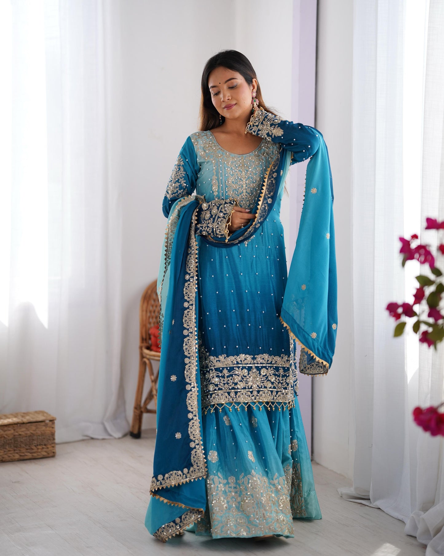 Chinon Silk Plazo Set with Rivet Moti Work