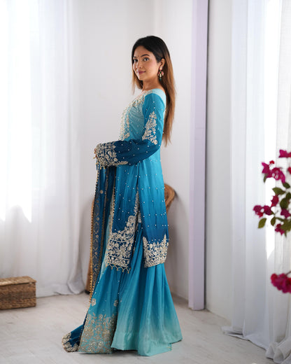 Chinon Silk Plazo Set with Rivet Moti Work