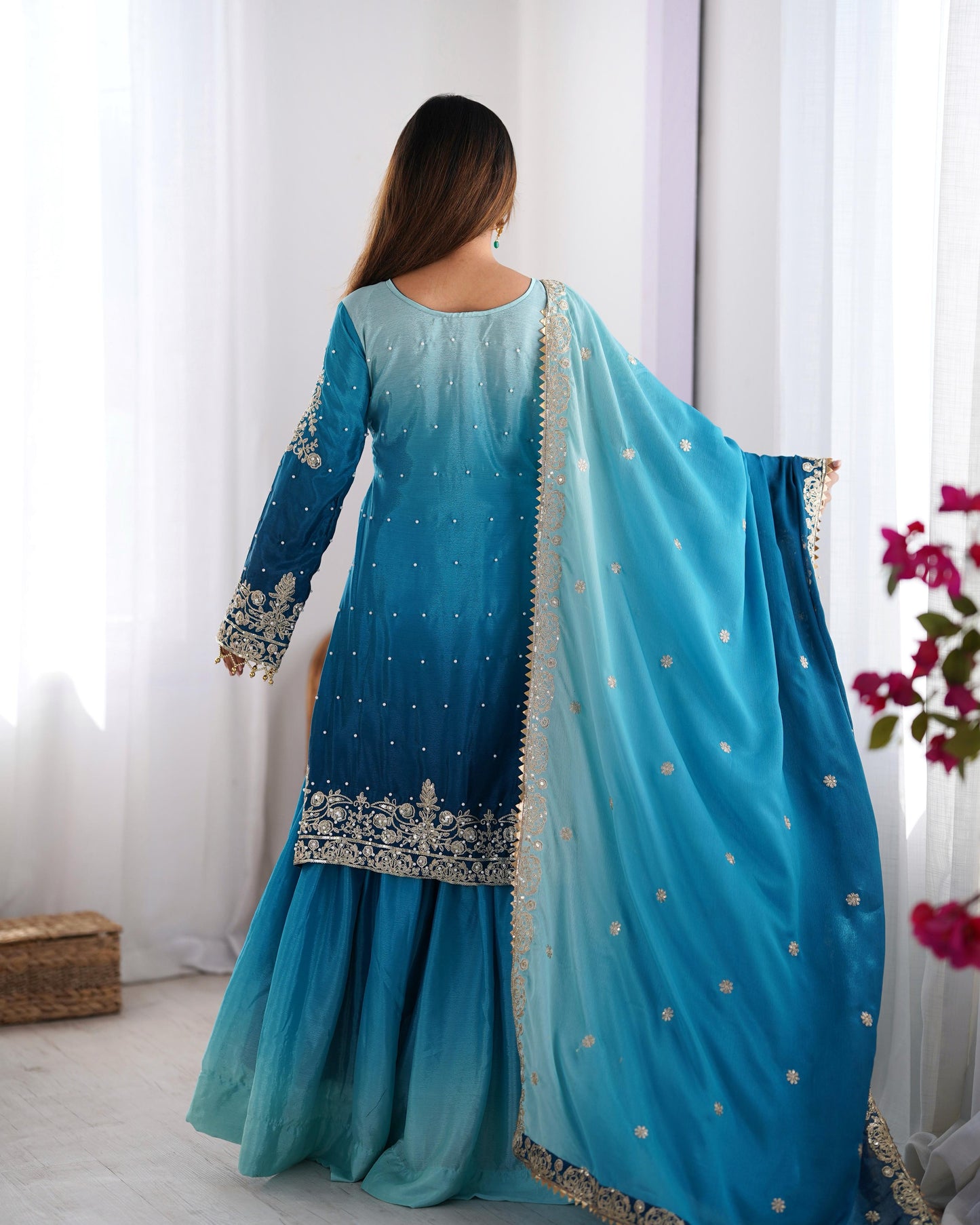 Chinon Silk Plazo Set with Rivet Moti Work