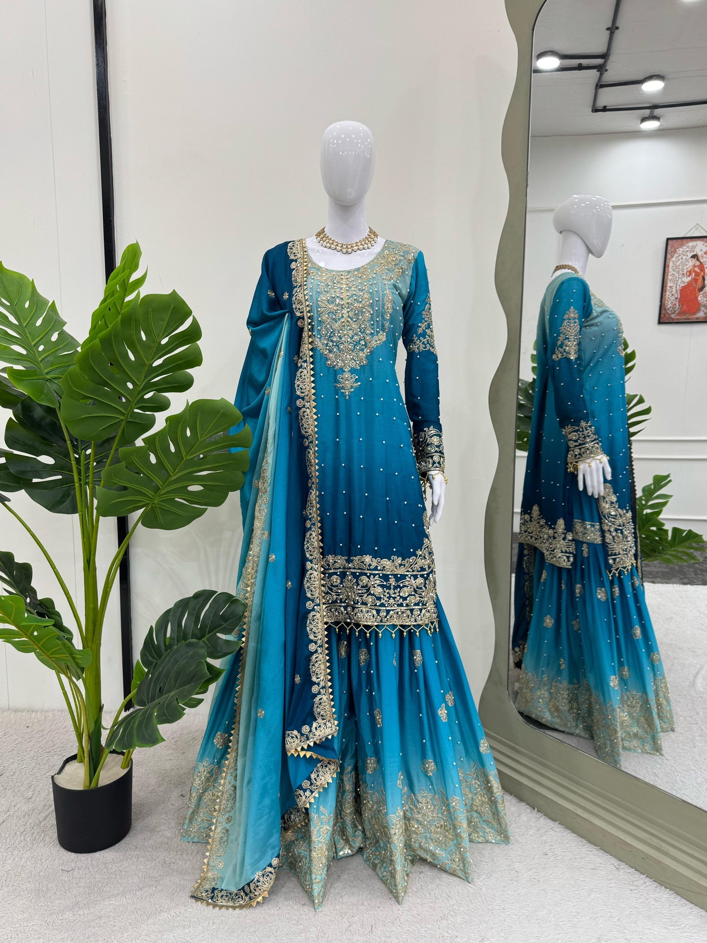 Chinon Silk Plazo Set with Rivet Moti Work