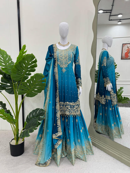 Chinon Silk Plazo Set with Rivet Moti Work