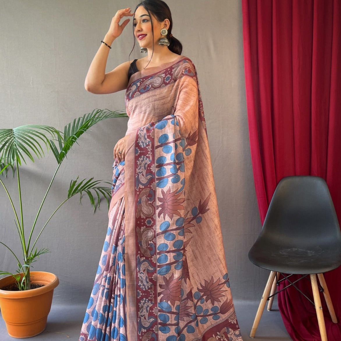 PASTEL PINK COLOR PURE MALAI COTTON WITH KALAMKARI PRINT SAREE