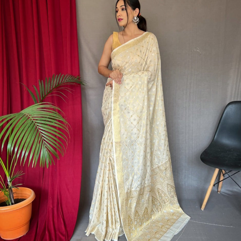 OFF WHITE COLOR PURE MUSLIN SOFT SILK SAREE