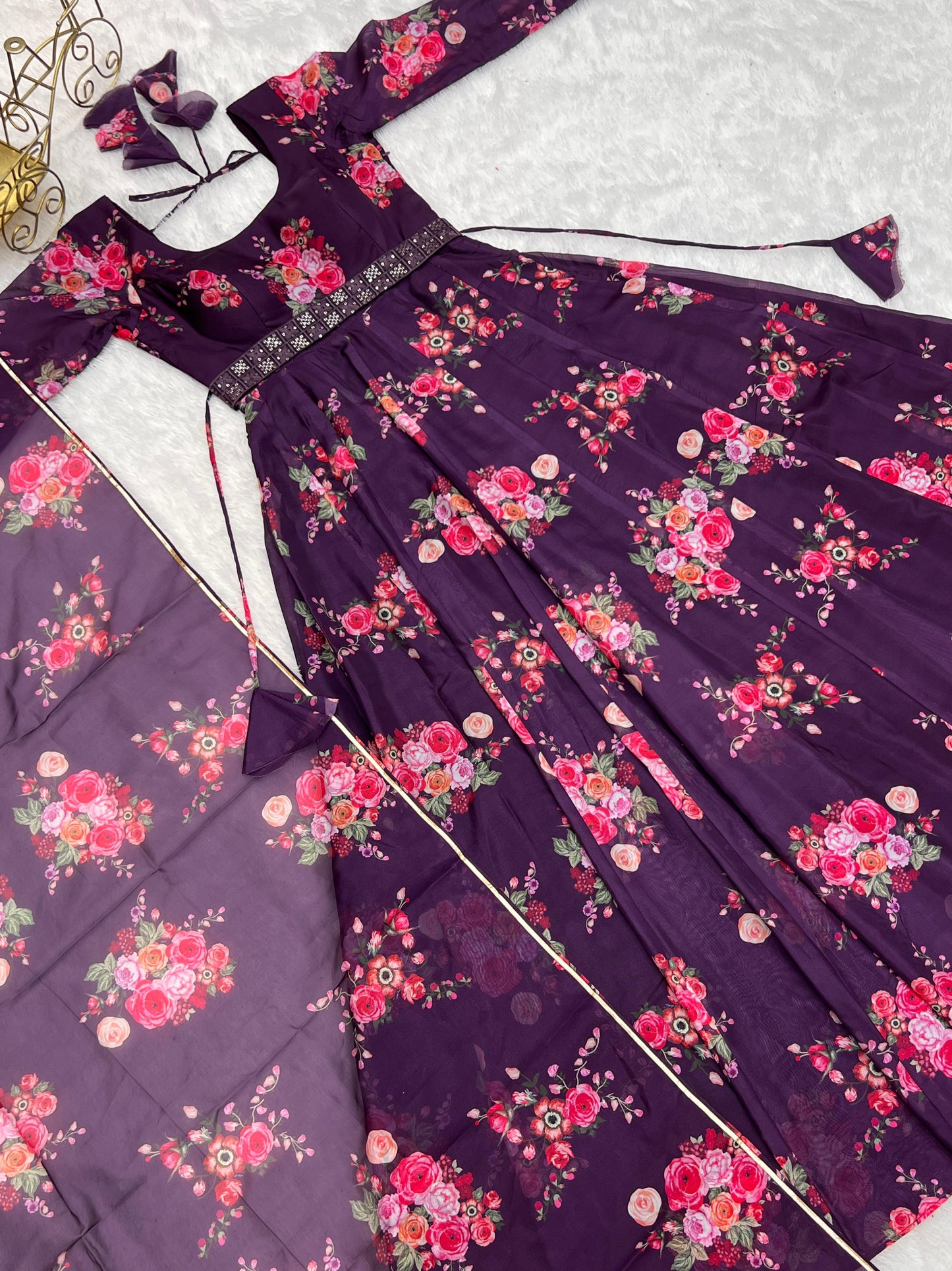 PURPLE  COLOR PURE SOFT ORGANJA SILK FLORAL PRINT ANARJKALI 3PC KURTA SET