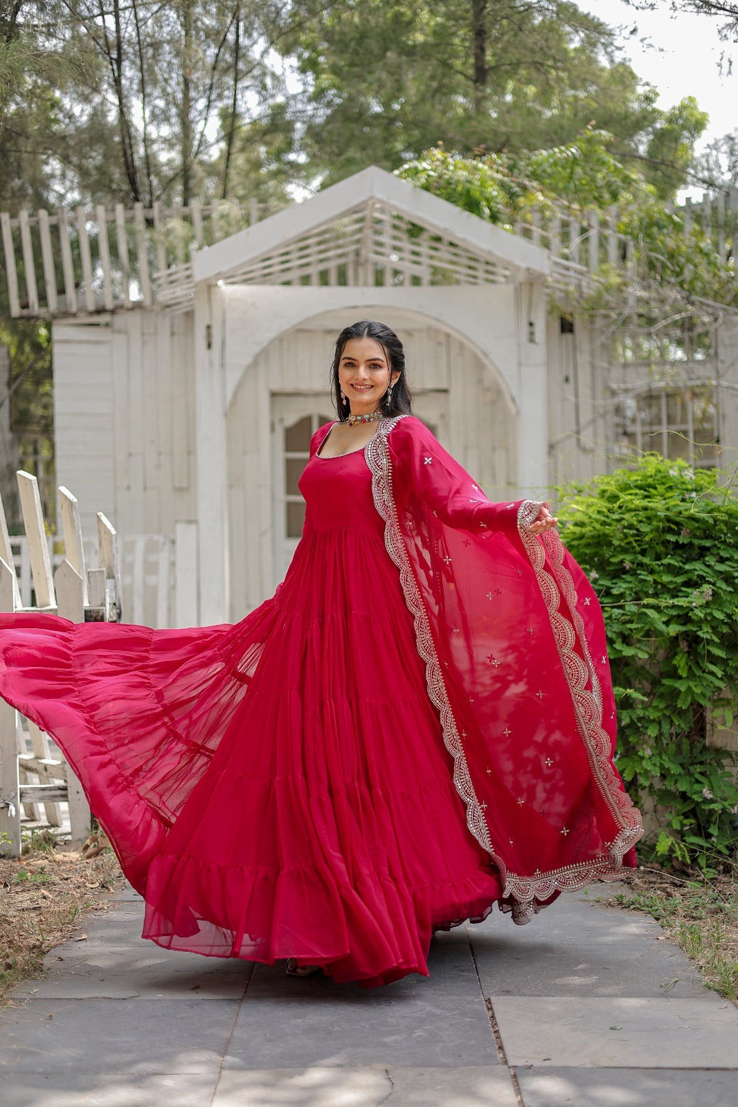 RANI PINK  COLOR BLOOMING DESIGNER EMBROIDERED ANARKALI GOWN WITH CUT WORK DUPATTA