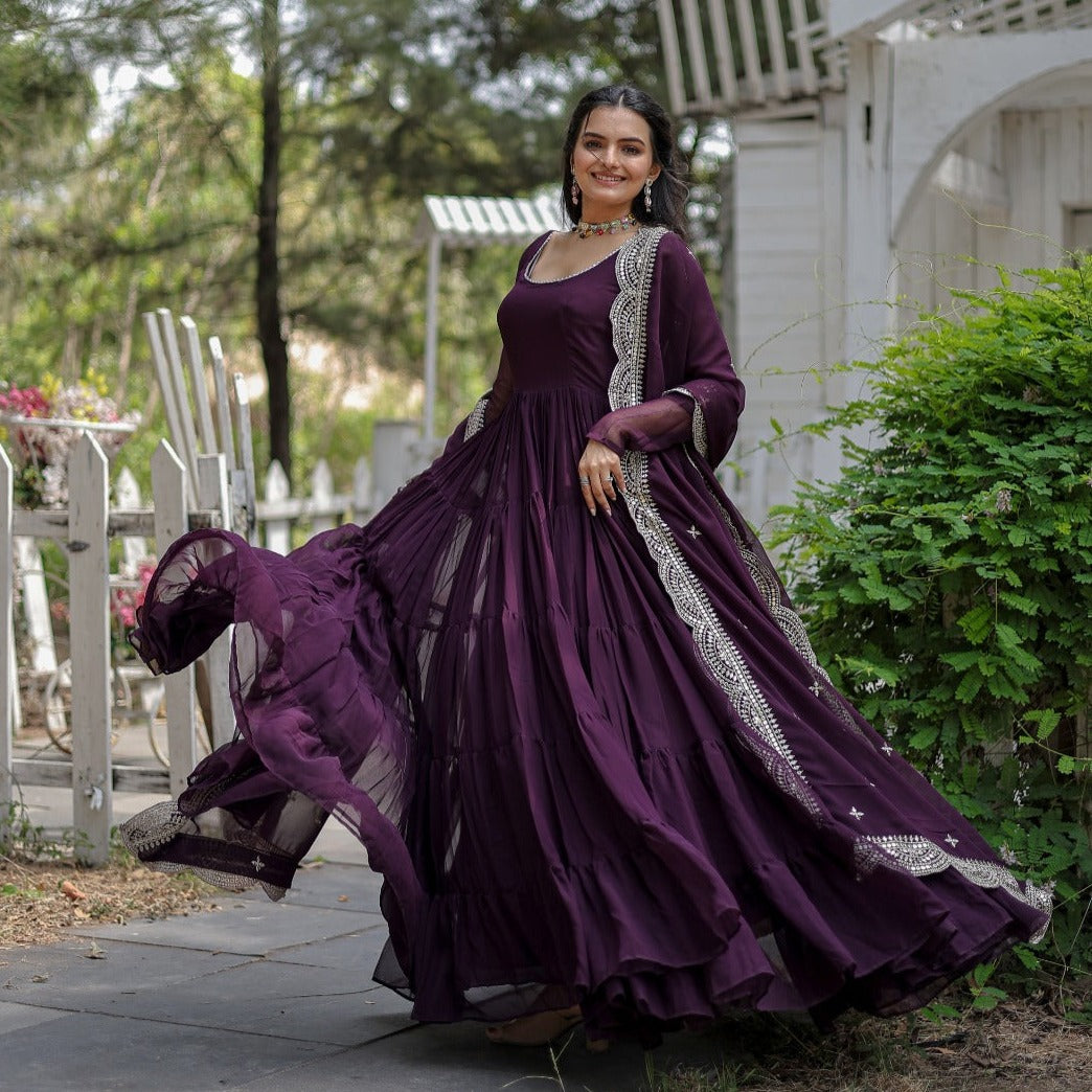 WINE COLOR BLOOMING DESIGNER EMBROIDERED ANARKALI GOWN WITH CUT WORK DUPATTA