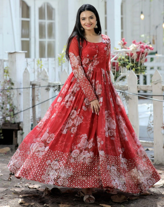 RED ELEGANT DIGITAL PRINTED ZARI WORK ANARKALI GOWN