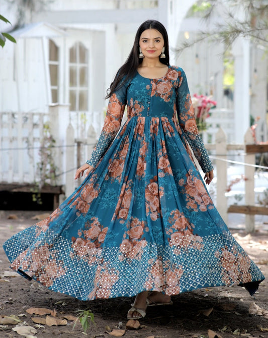 PEACOCK BLUE RADIANT FLORAL; PRINT GEORGETTE ANARKALI GOWN