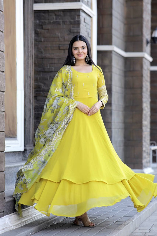 LIME GREEN COLOR SEQUINS ZARI WORK ANARKALI GOWN WITH DUPATTA