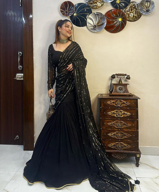 BLACK COLOR FAUX GEORGETTE SEQUINS WITH RIVET MOTI LEHNGHA SAREES