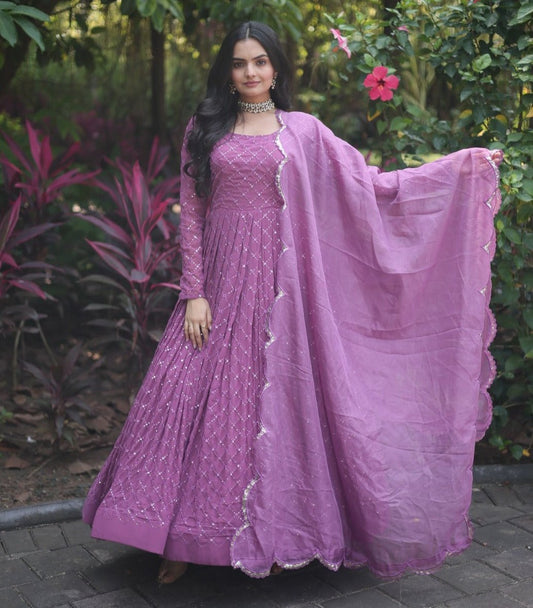 ORCHID COLOR SEQUENCE CHECKS DESIGNEDWORK  ANARKALI GOWN