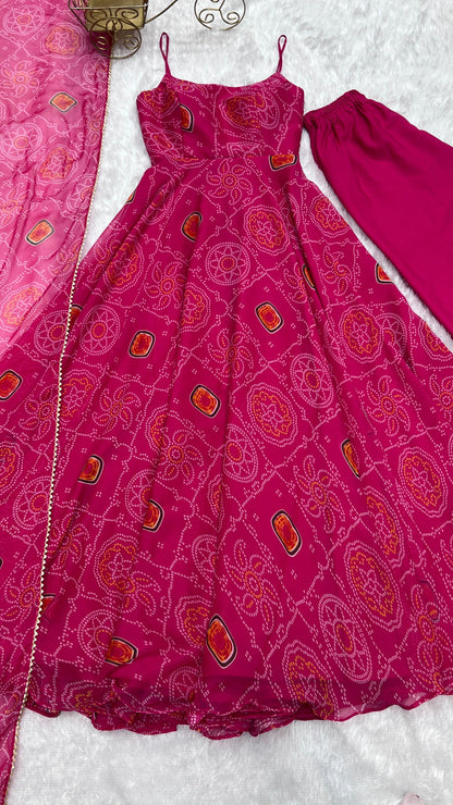 PINK BANDHANI  ANARKALI 3PC KURTA SET