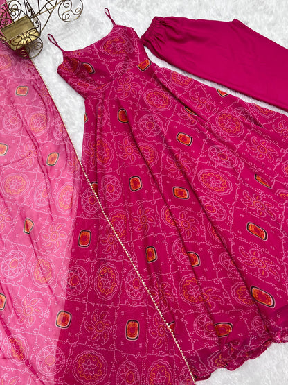 PINK BANDHANI  ANARKALI 3PC KURTA SET