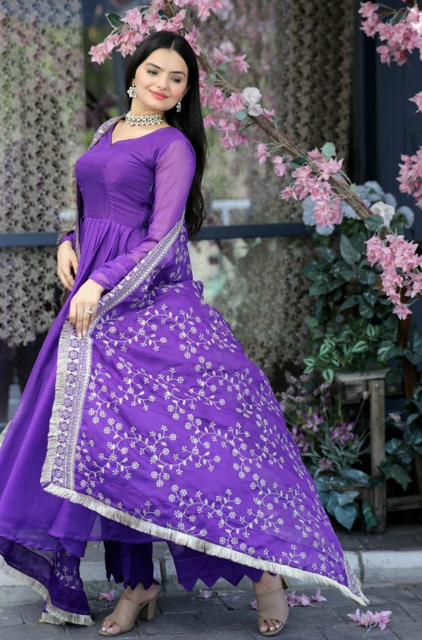 RADIANT BLUE VIOLET  FANCY TABBY SILK ANARKALI 3PC KURTA SET