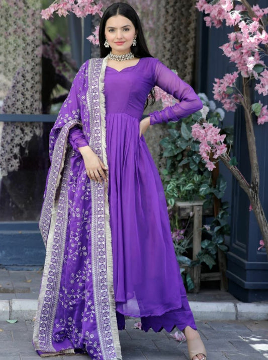 RADIANT BLUE VIOLET  FANCY TABBY SILK ANARKALI 3PC KURTA SET