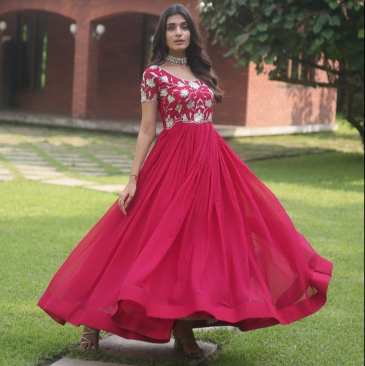 DIVINE RUBY RED FAUX CODING SEQUINS EMBROIDERY WORK ANARKALI GOWN