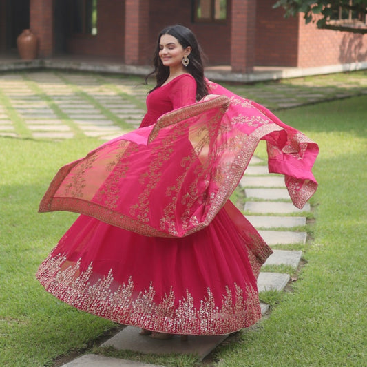 RADIANT BARBIE PINK ATTRECTIVE EMBROIDAEY WORK ANARKALI GOWN WITH DUPATTA