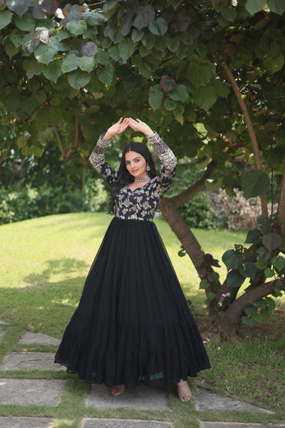 MIDNIGHT BLACK VISCOSE DIABLE JECQAURD ANARKALI GOWN