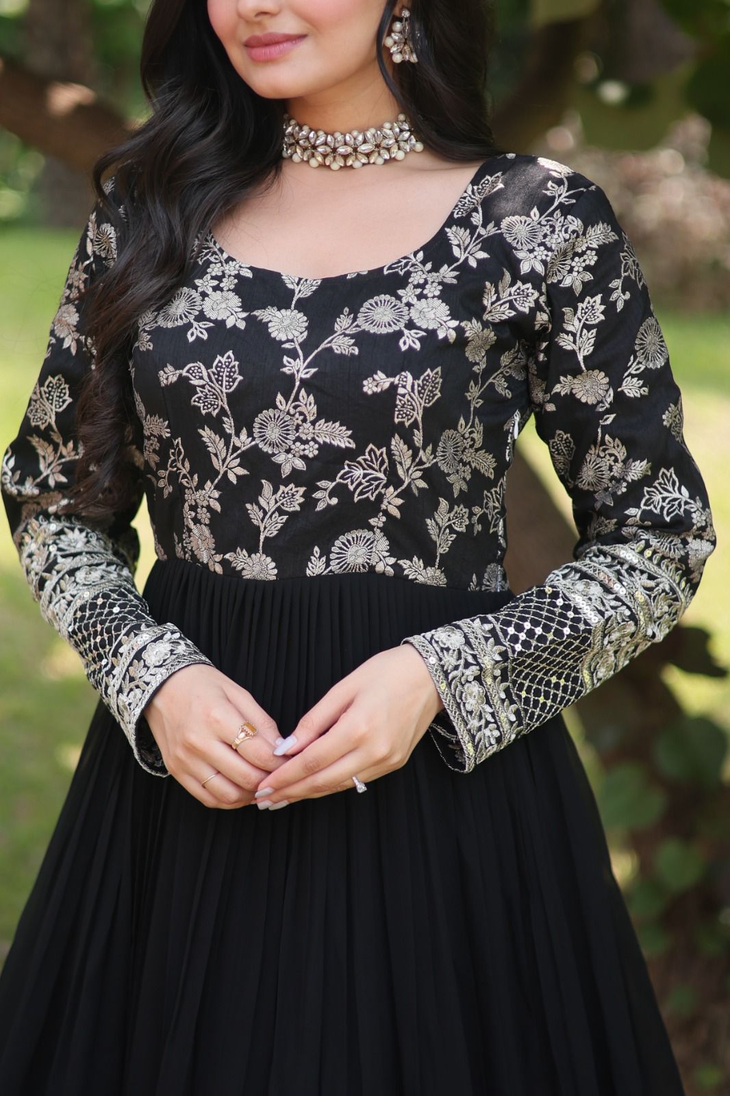 MIDNIGHT BLACK VISCOSE DIABLE JECQAURD ANARKALI GOWN