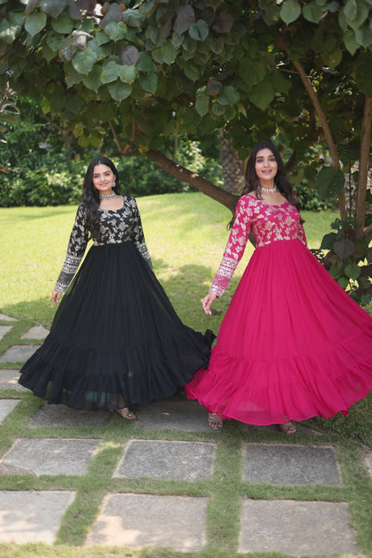 MIDNIGHT BLACK VISCOSE DIABLE JECQAURD ANARKALI GOWN