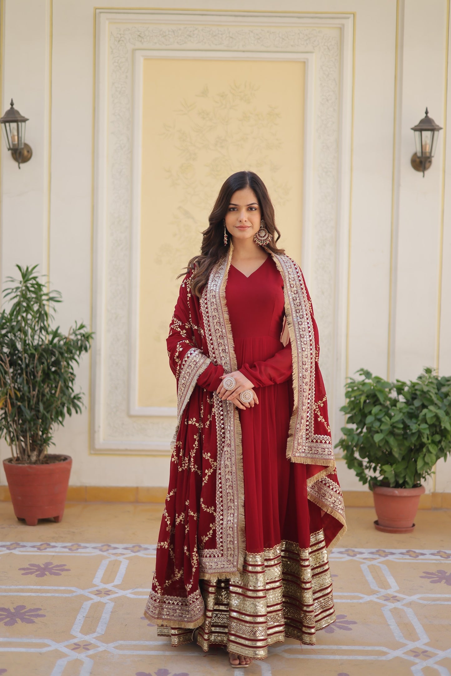 DAZZLING MAROON COLOR BLOOMING EMBROIDERY ZARI WORK ANARKALI GOWN WITH DUPATTA