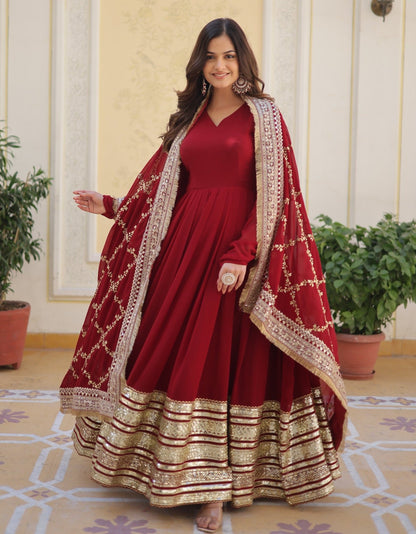 DAZZLING MAROON COLOR BLOOMING EMBROIDERY ZARI WORK ANARKALI GOWN WITH DUPATTA