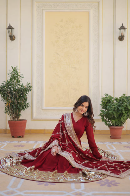 DAZZLING MAROON COLOR BLOOMING EMBROIDERY ZARI WORK ANARKALI GOWN WITH DUPATTA