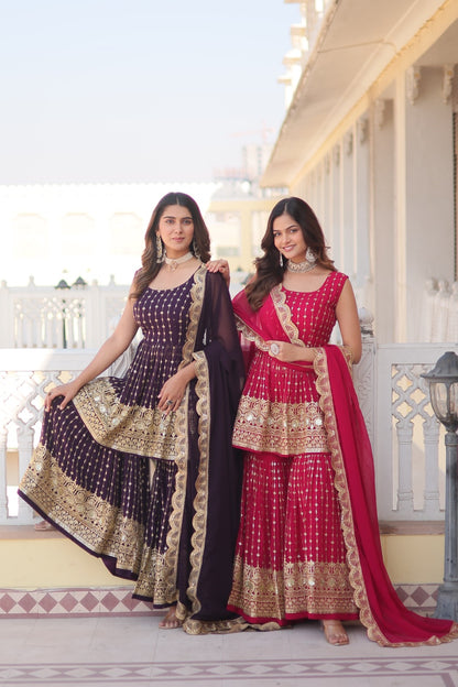 RUBY RED COLOR SUQUINS- THREAD EMBROIDERED GHARARA SUIT