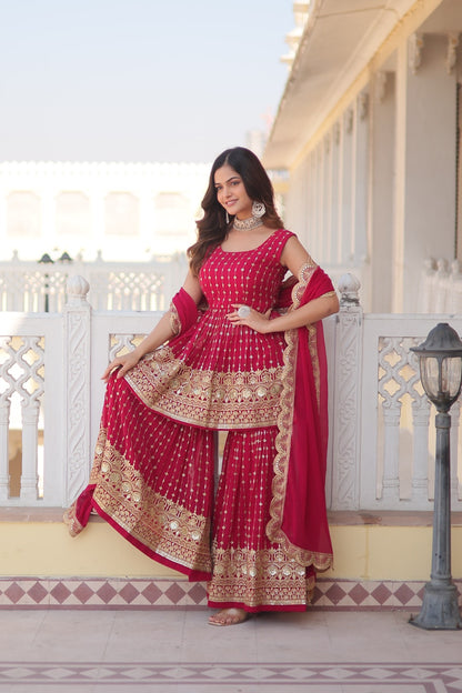 RUBY RED COLOR SUQUINS- THREAD EMBROIDERED GHARARA SUIT