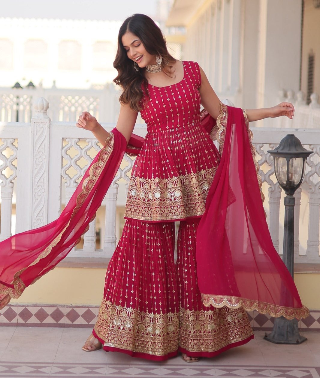 RUBY RED COLOR SUQUINS- THREAD EMBROIDERED GHARARA SUIT