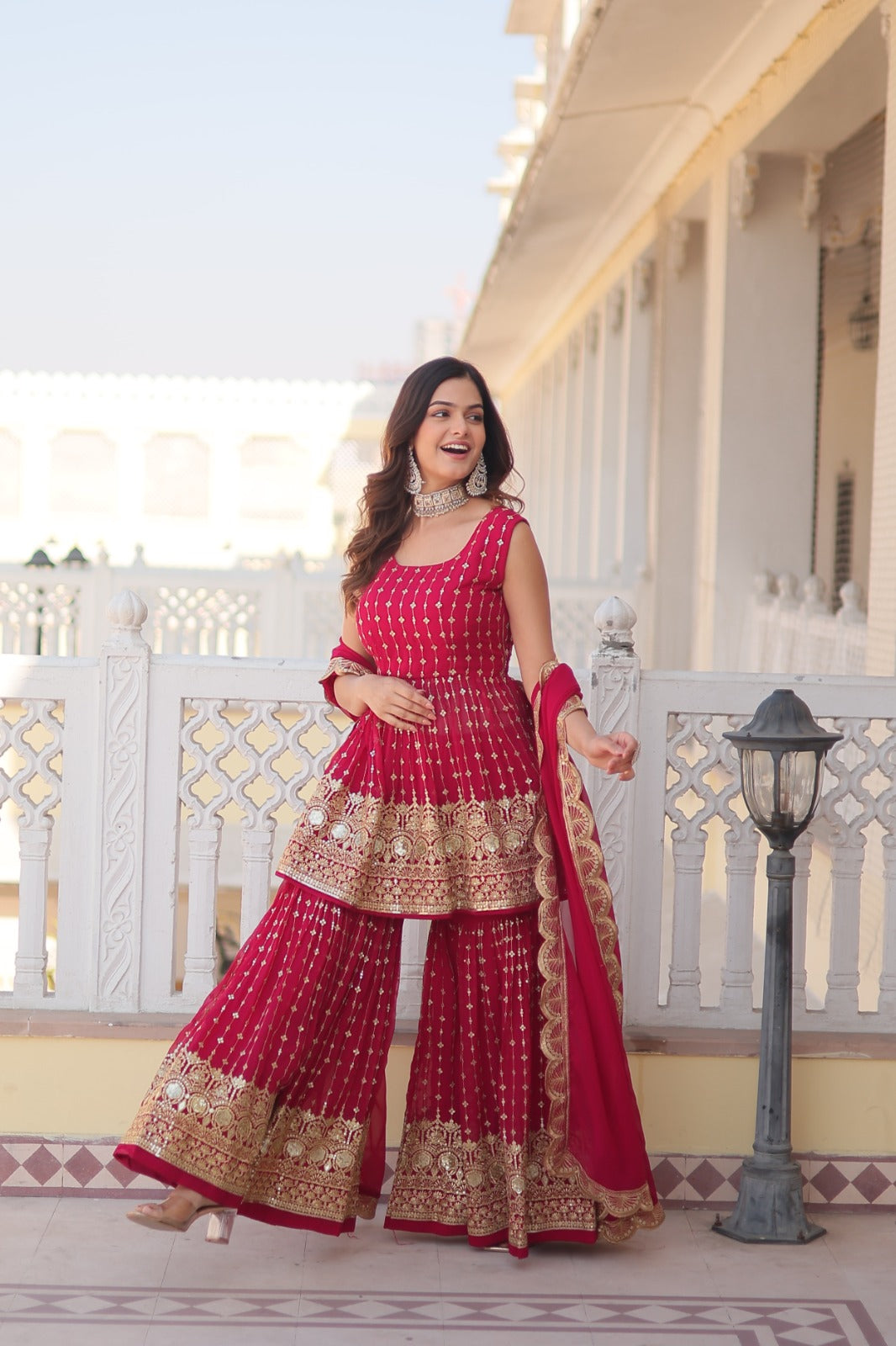 RUBY RED COLOR SUQUINS- THREAD EMBROIDERED GHARARA SUIT