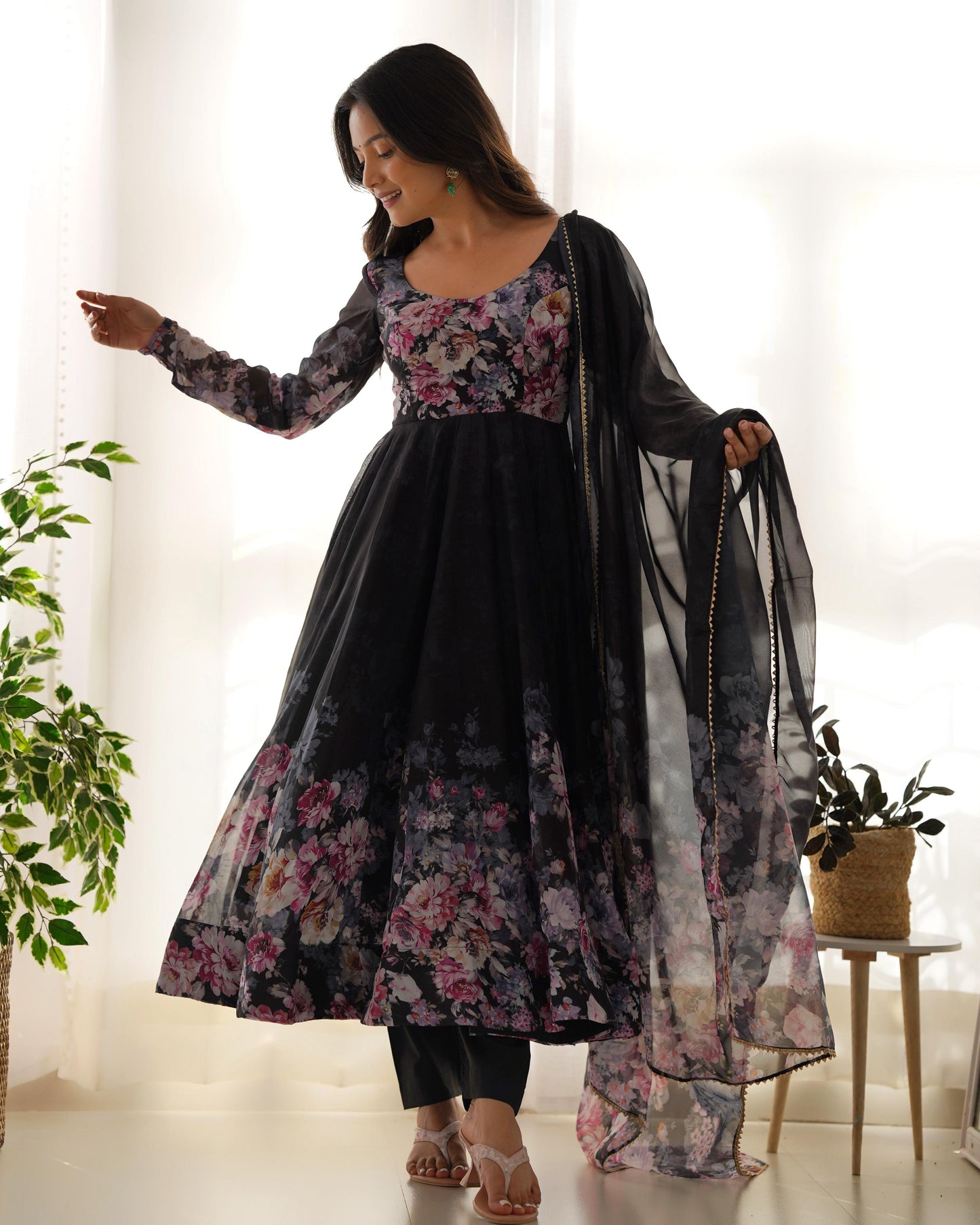 BLACK COLOR FLORAL PRINT SOFT ORGANJA ANARKALI 3PC KURTA SET