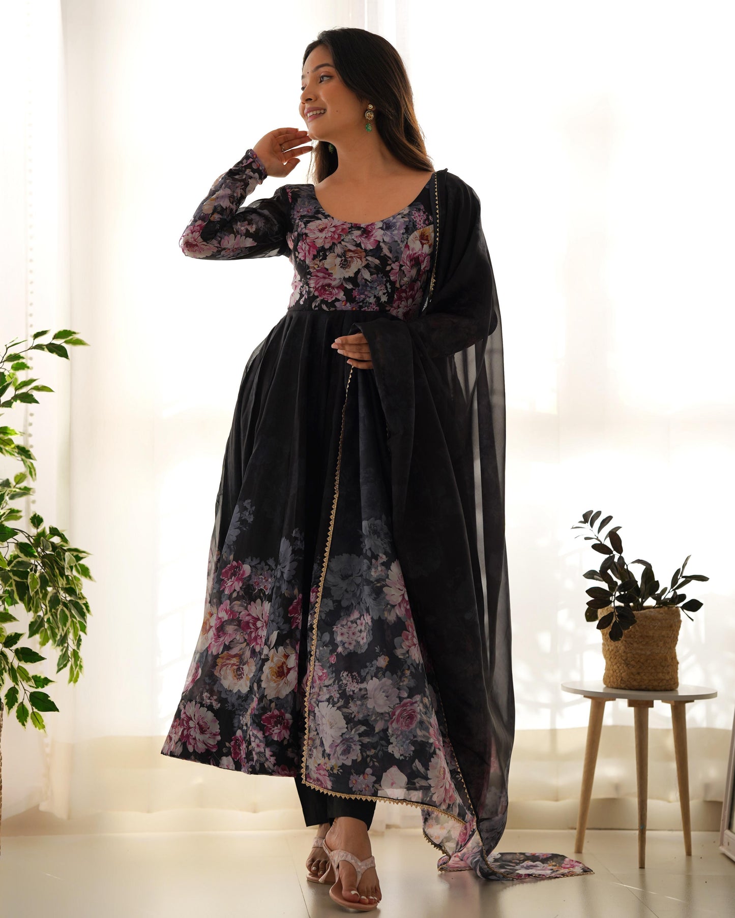 BLACK COLOR FLORAL PRINT SOFT ORGANJA ANARKALI 3PC KURTA SET