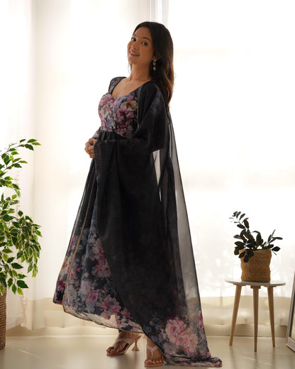 BLACK COLOR FLORAL PRINT SOFT ORGANJA ANARKALI 3PC KURTA SET