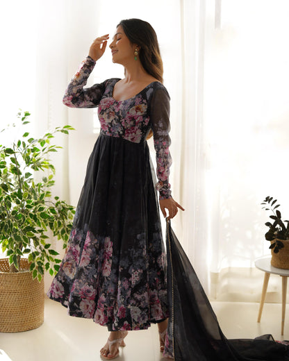 BLACK COLOR FLORAL PRINT SOFT ORGANJA ANARKALI 3PC KURTA SET