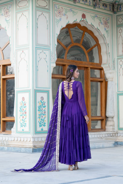 HOTPINK COLOR PARALLEL SEQUINS EMBROIDERED  WORK  FLAIRED ANARKALI GOWN WITH DUPATTA