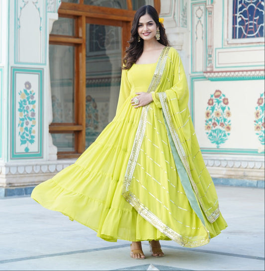 PARROT COLOR PARALLEL SEQUINS EMBROIDERED  WORK  FLAIRED ANARKALI GOWN WITH DUPATTA