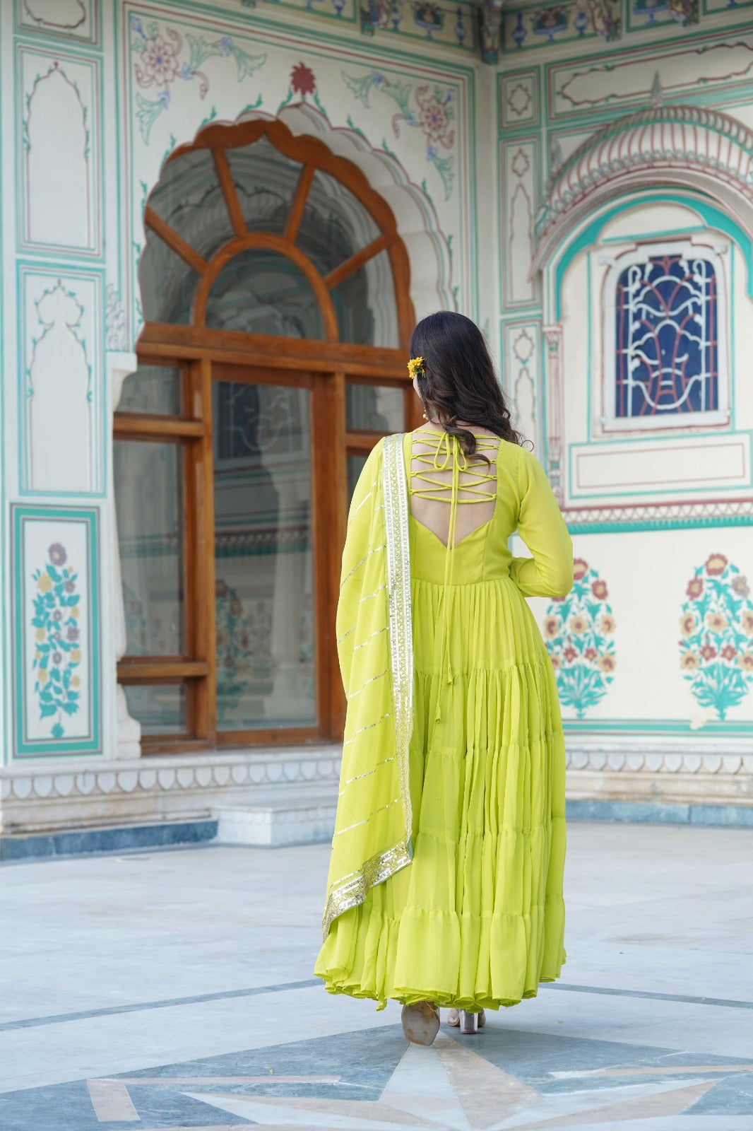 HOTPINK COLOR PARALLEL SEQUINS EMBROIDERED  WORK  FLAIRED ANARKALI GOWN WITH DUPATTA