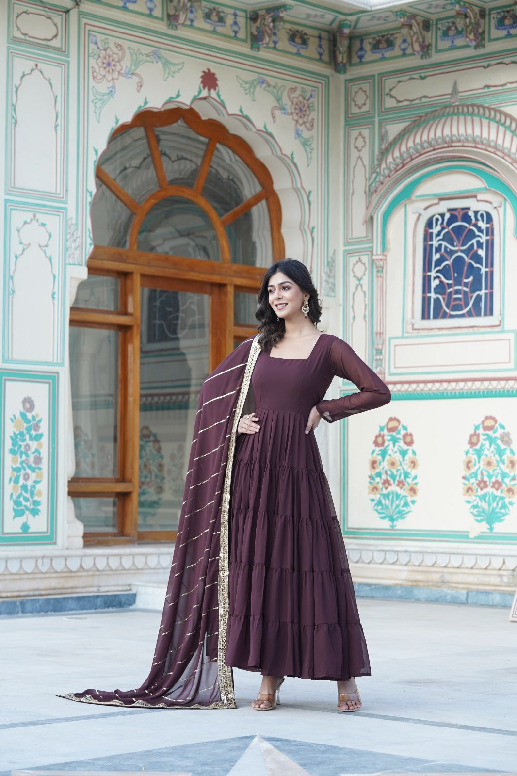 HOTPINK COLOR PARALLEL SEQUINS EMBROIDERED  WORK  FLAIRED ANARKALI GOWN WITH DUPATTA