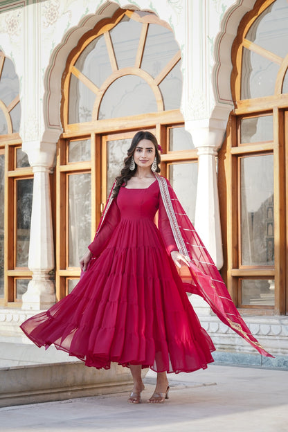 HOTPINK COLOR PARALLEL SEQUINS EMBROIDERED  WORK  FLAIRED ANARKALI GOWN WITH DUPATTA