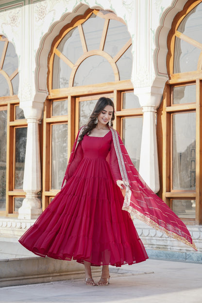 HOTPINK COLOR PARALLEL SEQUINS EMBROIDERED  WORK  FLAIRED ANARKALI GOWN WITH DUPATTA