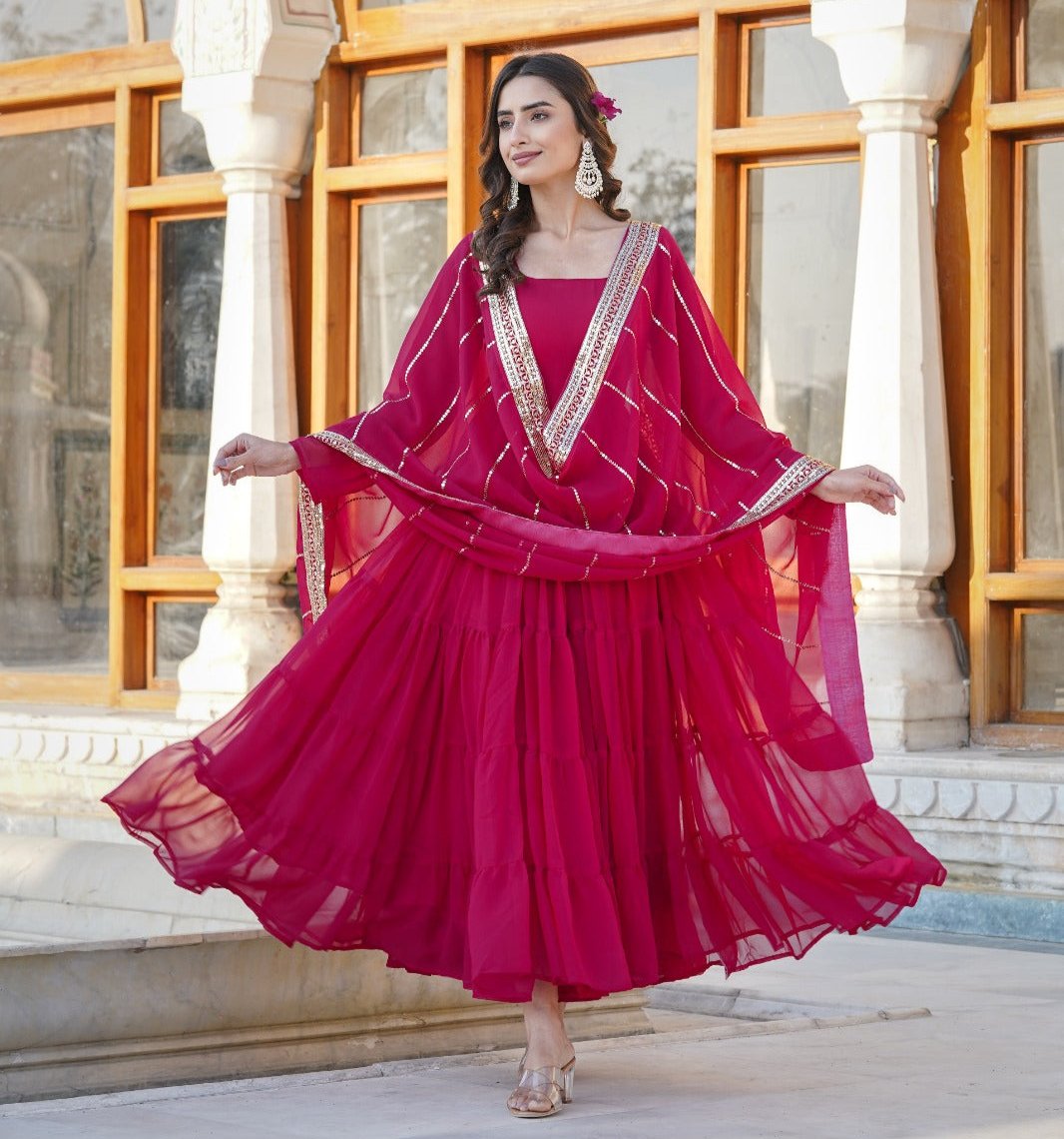 HOTPINK COLOR PARALLEL SEQUINS EMBROIDERED  WORK  FLAIRED ANARKALI GOWN WITH DUPATTA