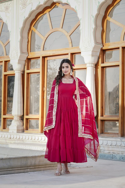 HOTPINK COLOR PARALLEL SEQUINS EMBROIDERED  WORK  FLAIRED ANARKALI GOWN WITH DUPATTA