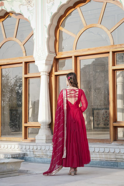 HOTPINK COLOR PARALLEL SEQUINS EMBROIDERED  WORK  FLAIRED ANARKALI GOWN WITH DUPATTA