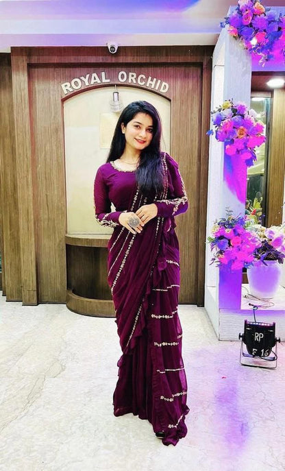 WINE CORDING  WORK SAREE