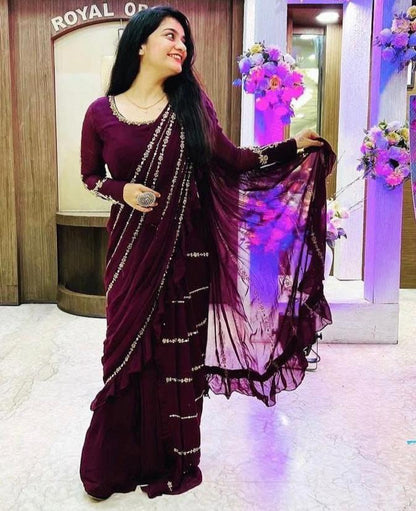 WINE CORDING  WORK SAREE